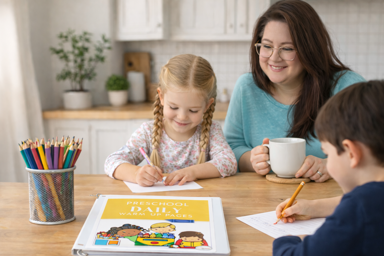 mom and two kids at the kitchen table, using The Moments At Home Preschool Curriculum by Learning Moments