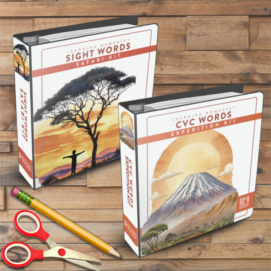 mockup of CVC and Sight Words reading products in binders on a wooden background with school supplies
