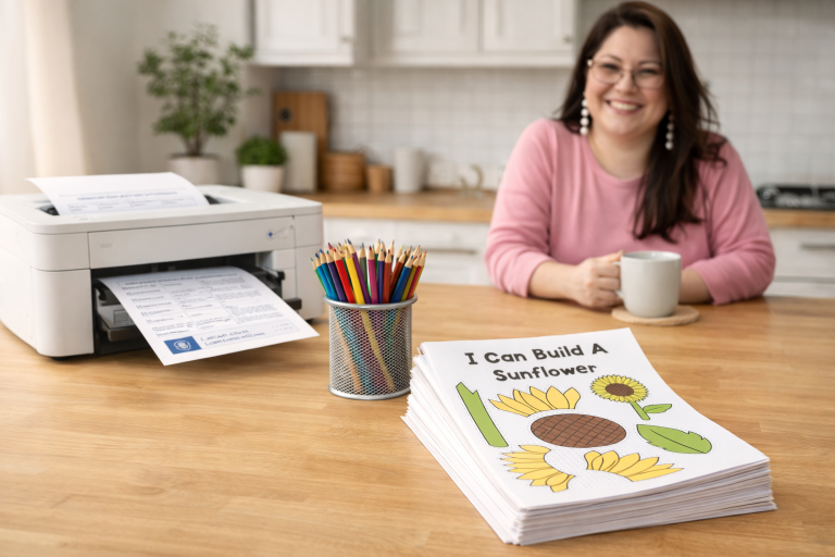 lisa yvonne having coffee and watching her curriculum come out on the printer with colored pencils in the kitchen
